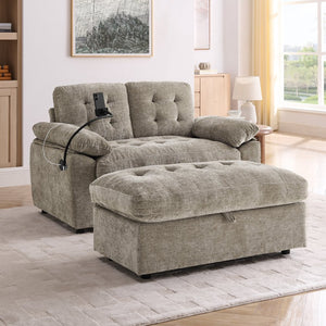 English Elm Leisure Chenille Two Seat Reclining Sofa with Usb Port Storage Ottoman Padded Armrests Brown W487S00518