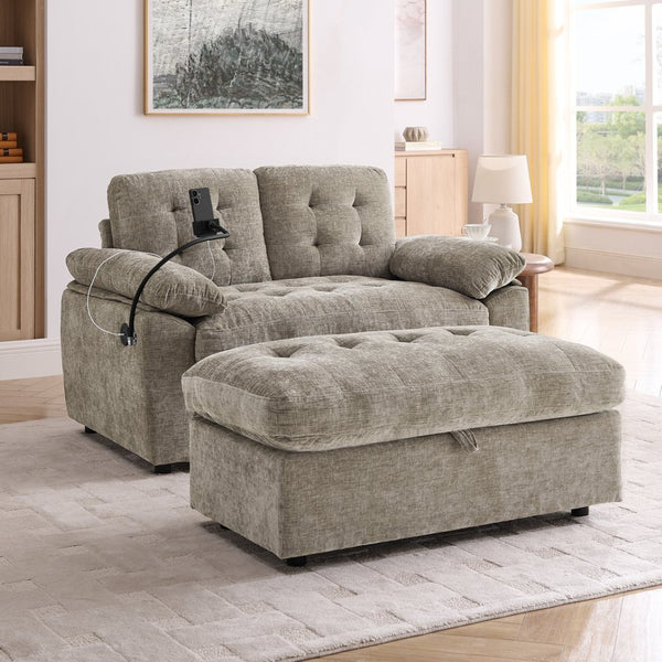 English Elm Leisure Chenille Two Seat Reclining Sofa with Usb Port Storage Ottoman Padded Armrests Brown W487S00518