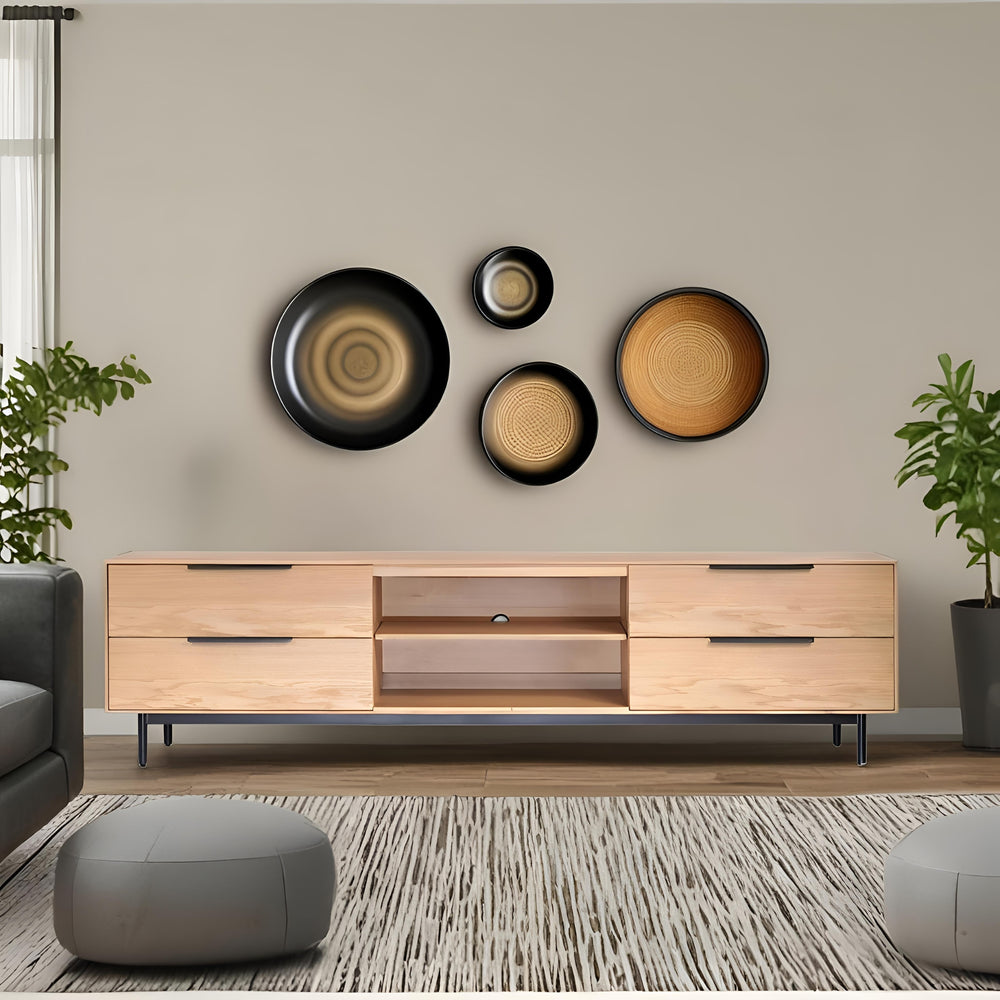 Origins Akira Tv Console For Stylish Storage, Featuring Durable Drawers And Adjustable Open Shelves Design Light Oak Mahogany Solids & Gmelina Veneer 2400-10