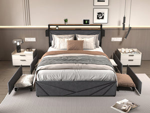 English Elm Full Bed Frame With Storage Headboard & Led Charging Station – Stylish, Durable, And Easy To Assemble W2129P262892