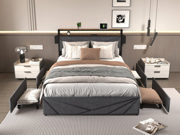 English Elm Full Bed Frame With Storage Headboard & Led Charging Station – Stylish, Durable, And Easy To Assemble W2129P262892