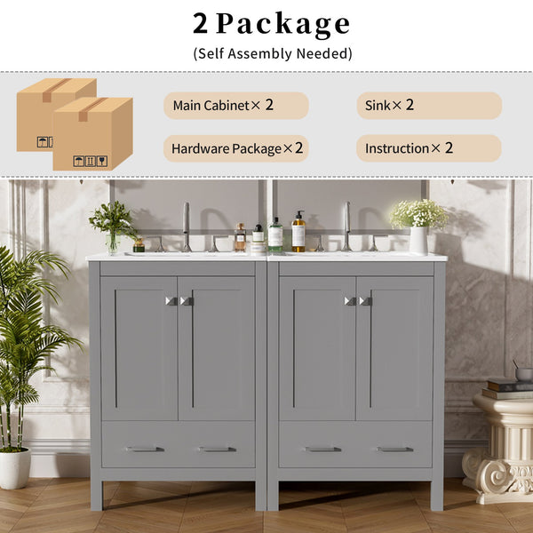 English Elm 48-Inch Modern Bathroom Vanity with Dual Ceramic Sinks, Ample Soft-Close Storage and Stylish Design Grey N729P000009E