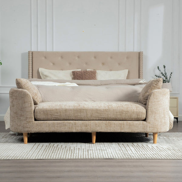 English Elm 77.17" Wide Chenille Daybed Bench with Bolster Pillows and Rubberwood Legs for Bedroom W3189S00040