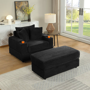 English Elm sofa Oversized Corduroy Deep-Seat Chaise with Ottoman and Lumbar Support — Plush, Sturdy Comfort Black W1420S00008