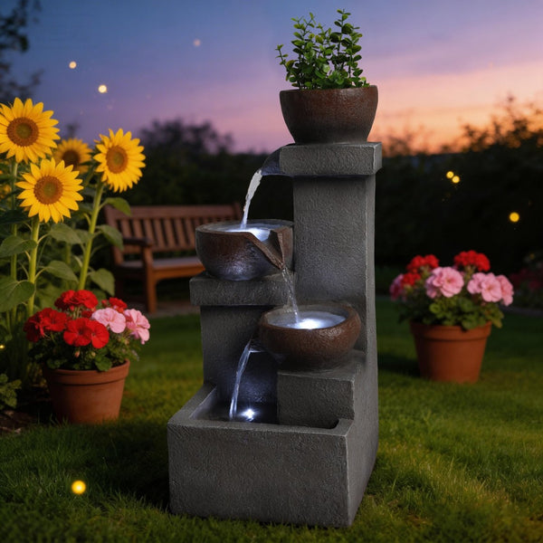 English Elm Outdoor Cascading Tiered Resin Stone Fountain with Led Lights and Integrated Planter W5397P462032