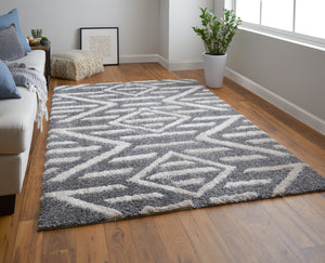 Feizy Rugs Mynka Geometric High Pile Polyester Rug - Stain Resistant, Pet Friendly, Perfect For Any Space Gray,Ivory Polyester Myn39ibfgry000g23