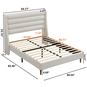 English Elm Queen Chenille Platform Bed with Wave Headboard, Noise-Free EVA Foam, Solid Wood, Ivory Finish W1716P362409
