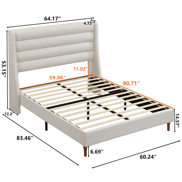 English Elm Queen Chenille Platform Bed with Wave Headboard, Noise-Free EVA Foam, Solid Wood, Ivory Finish W1716P362409