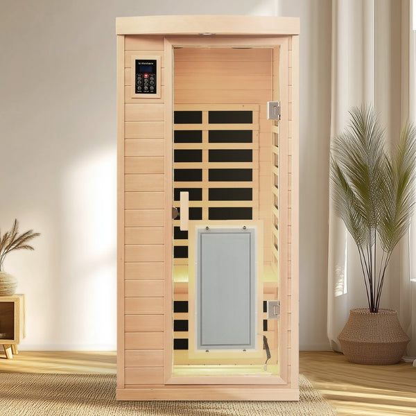 English Elm Low Emf Hemlock Wood Far Infrared Single Sauna with Glass Door and Bluetooth Audio W632S00028