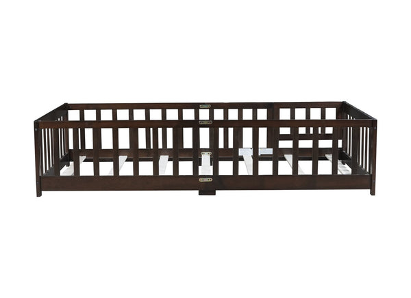 English Elm Twin Size Floor Bed With Safety Guardrails, Eco-Friendly Rubberwood Design, Espresso Finish, Durable W504P286375-GIGA