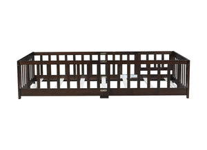 English Elm Twin Low Profile Rubberwood Floor Bed with Full Safety Fence for Toddler Rooms Espresso W504P429279