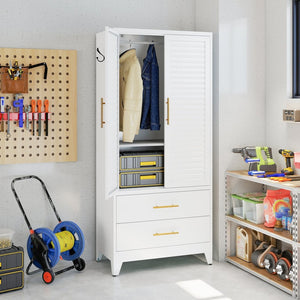 English Elm White Steel Freestanding Wardrobe Cabinet with Rod and Shelves for Dorm or Apartment T2398P480393