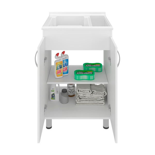 English Elm Slee White Utility Sink Cabinet with Metal Legs and Storage for Laundry Mudroom B128S00248