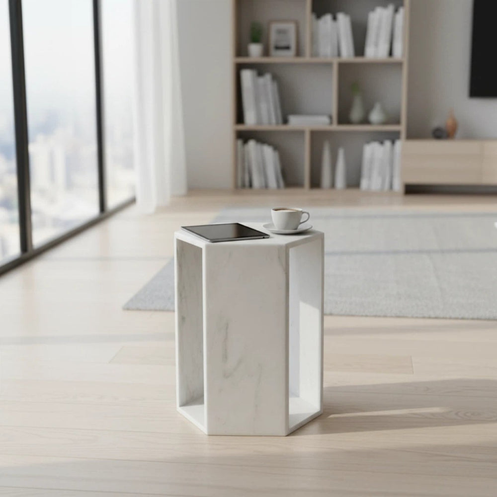 English Elm Genuine Solid Marble Hexagonal Pedestal End Table Polished Stone for Modern Living White W1696P407996