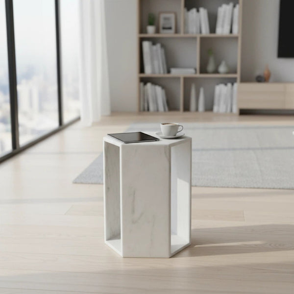English Elm Genuine Solid Marble Hexagonal Pedestal End Table Polished Stone for Modern Living White W1696P407996