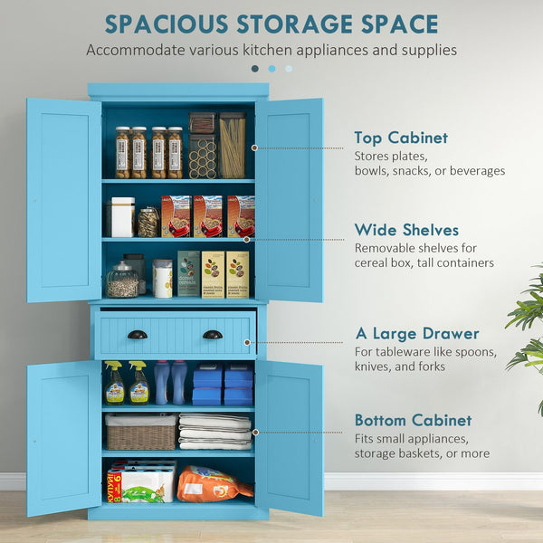 English Elm Homcom 72" Light Blue Kitchen Pantry Cabinet With 4 Doors, Drawer & Adjustable Shelves For Storage W2225P249921