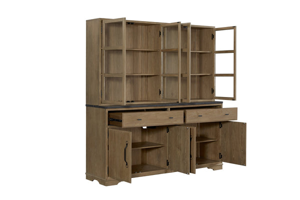 English Elm 2 Piece Cabinet Hutch and Buffet Cashew — Solid Wood + MDF, Concrete Top, Framed Glass Display, Ample Storage Almond 74.75 L x 17.5 W x 45 H B2699S00095