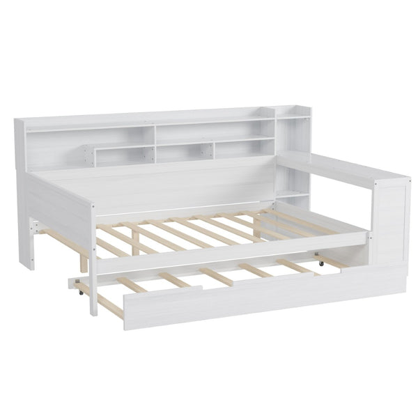 English Elm Wooden Twin Daybed with Trundle Built-in Desk and Open Shelves for Kids Rooms Antique White N733S373391K