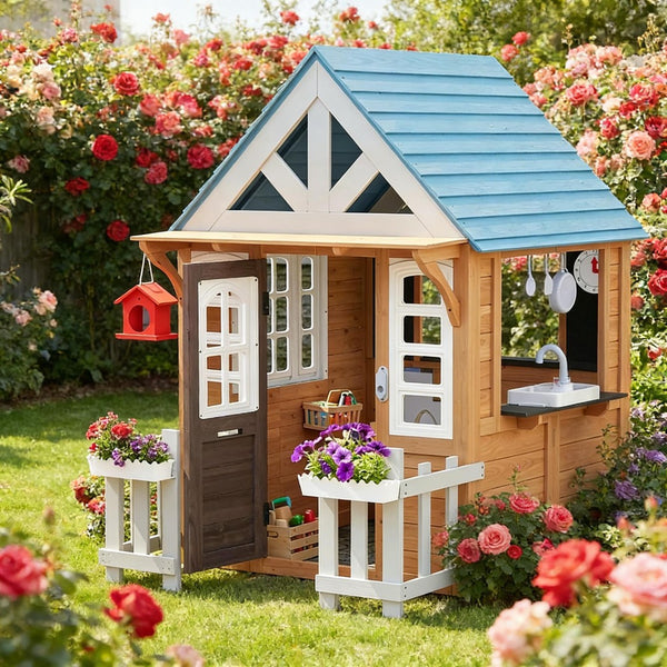 English Elm Garden Fir Wood Kids Playhouse with Toy Kitchen Chalkboard and Birdhouse Outdoors T3971P491771