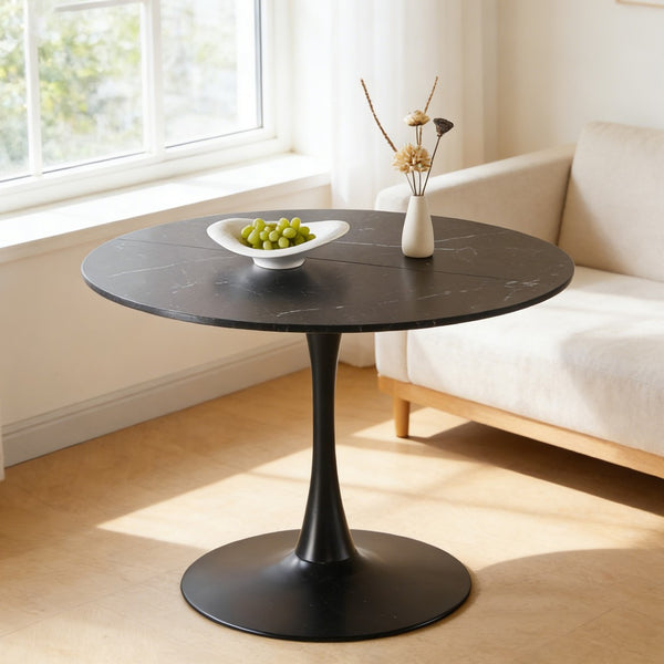 English Elm 42.1" Round Marble Look Pedestal Dining Table Mid Century Modern Seats Six Black W234P453954