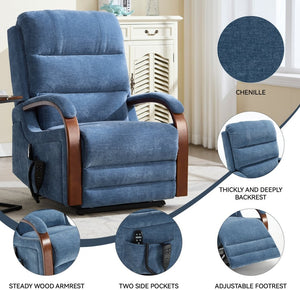 English Elm Power Lift Recliner Chair Chenille Upholstery Dual Motor Heat Massage Solid Wood Arms Blue W1803S00067