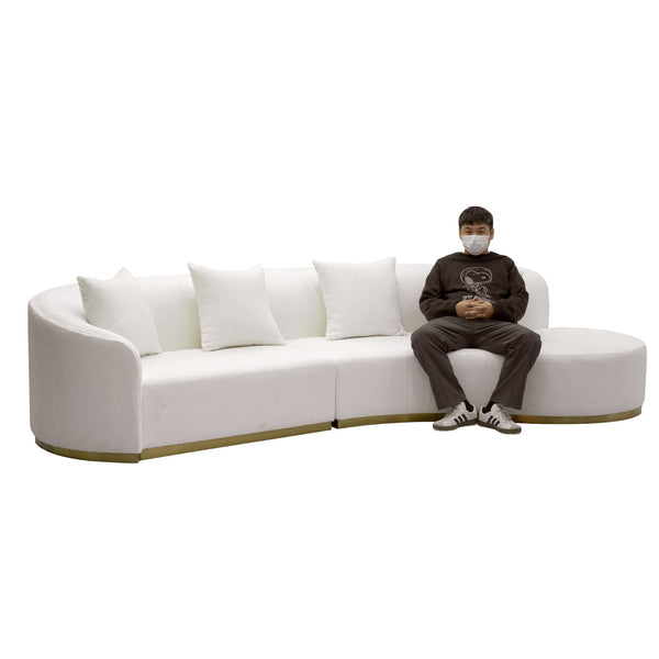 English Elm Luna Curved 4-Seater Sofa in White Teddy Velvet with Plush Cushions and Luxe Gold Base Accent B341S00007