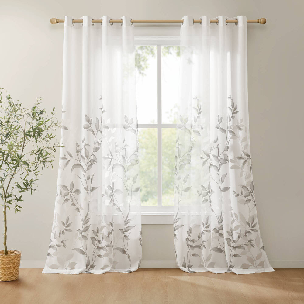 JLA Home Madison Park - Burnout Grey Botanical Curtain Panel with Silver Grommets, Semi-Sheer OEKO-TEX Fabric for Light Filtering and Modern Texture MP40-4609