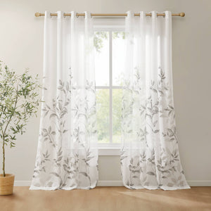 JLA Home Madison Park - Burnout Grey Botanical Curtain Panel with Silver Grommets, Semi-Sheer OEKO-TEX Fabric for Light Filtering and Modern Texture MP40-4609