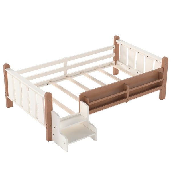 English Elm Twin Pine Floor Bed for Kids with Side Bookcases Built-in Stairs and Safety Guardrails Beige W1580P390214