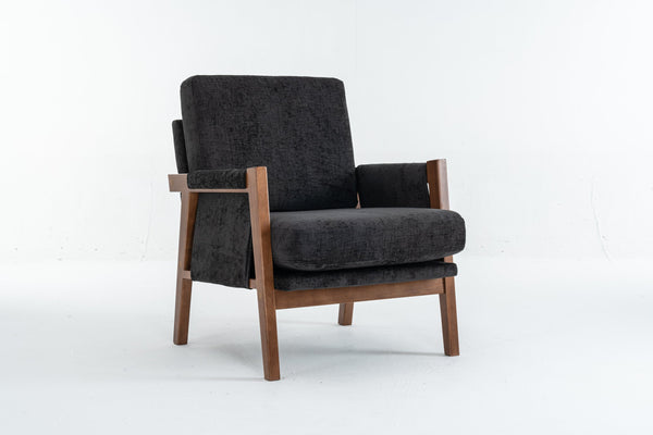 English Elm Mid-Century Solid Wood Accent Chair with Chenille Upholstery, Ergonomic Waist Support, Sturdy 300lb Capacity Black T3903P372382