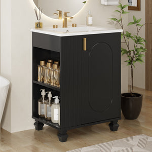 English Elm Christopher Knight Home® - 24" Retro Bathroom Vanity with Ceramic Sink, Solid Wood Frame, Soft-Close Door, Ample Storage Black N759P293645B