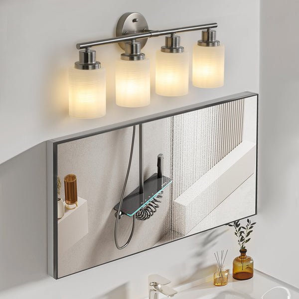English Elm 24" Modern 4-Light Vanity Wall Sconce - Brushed Nickel & Frosted Glass For Elegant Bathroom Lighting W2312P374809