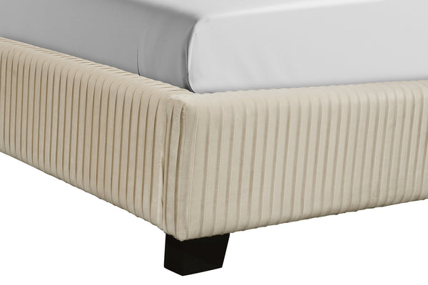 English Elm Queen Upholstered Bed with Pleated Headboard and Sturdy Rails, Easy-Clean Polyester Fabric Design Beige 79.75 L x 53.75 W x 9.5 H B2699P208288
