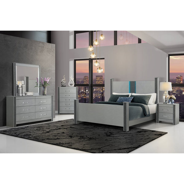 English Elm LORENZO Glam Panel Full Bed with Built-In Headboard Speakers, Glitter Accent, Solid Wood Frame Silver 81.1 L x 11.02 W x 5.12 H B201S00287