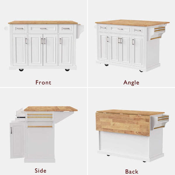 English Elm K&k Farmhouse Rolling Kitchen Island Rubberwood Drop Leaf 3 Drawers 4 Cabinet Doors White N707S195395W