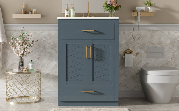 English Elm 24" Stylish Blue Bathroom Vanity With Ceramic Sink, 2 Storage Doors & Tip-Out Drawer For Organization N710P341037C