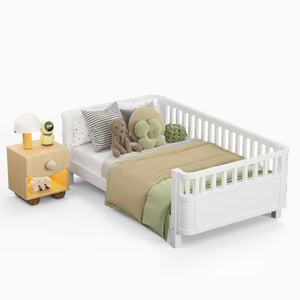 English Elm Twin Low Profile Pine Wood Kids Bed with Safety Rails and Fence Style Headboard W2593P367041