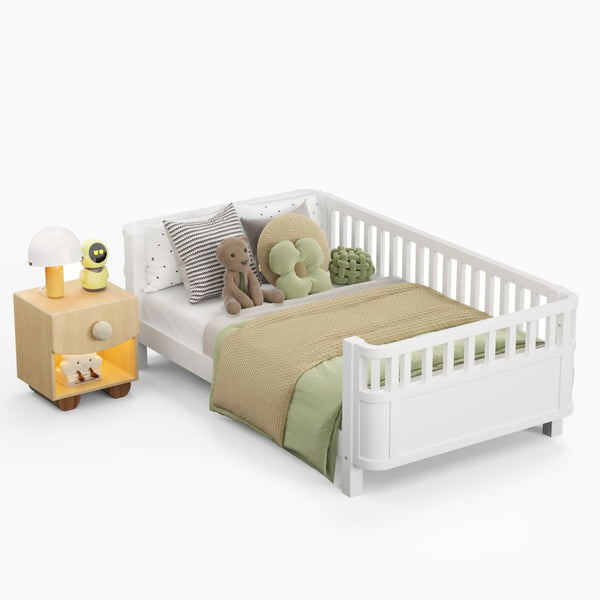 English Elm Twin Low Profile Pine Wood Kids Bed with Safety Rails and Fence Style Headboard W2593P367041
