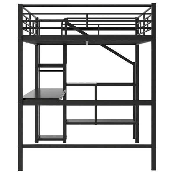 English Elm Full Size Metal Loft Bed With Desk, Storage Staircase, Wardrobe & Led Light - Space-Saving Design GX000620AAD