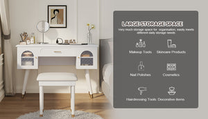 English Elm Elegant Vanity Makeup Table with Charging Station & Carved Glass Door, Sturdy Stool Included White N844P285188A