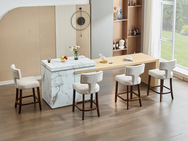 English Elm Mid Century Modern Counter Height Bar Stools Set of 2 with Curved Copper-Stud Back, Foam Spring Cushion, Walnut Legs and Adjustable Balance Studs Beige W1143P296347