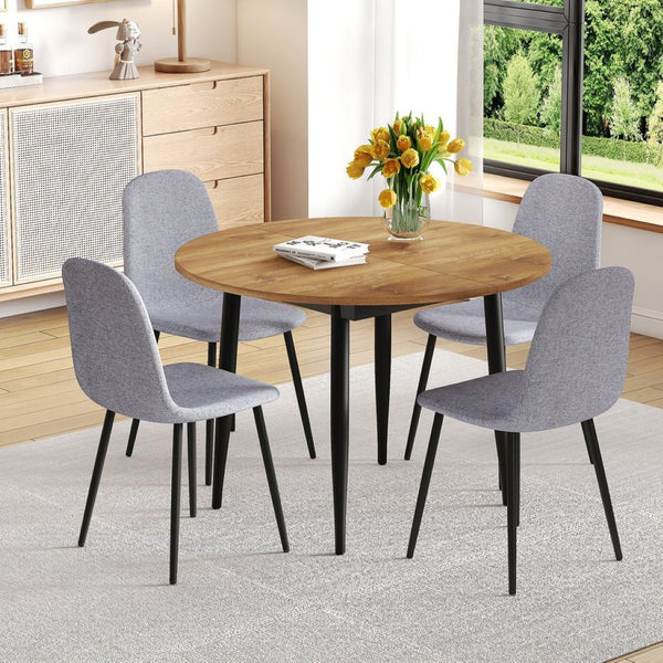 English Elm Table Extendable Round-To-Oval Mdf Dining Set With 4 Light Gray Linen-Cotton Chairs For Gatherings W1151S04142-GIGA