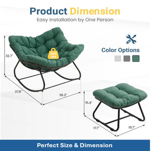 English Elm Dark Wicker Egg Rocking Chair with Ottoman Outdoor Pe Woven Patio Lounge Set Green B082P455172