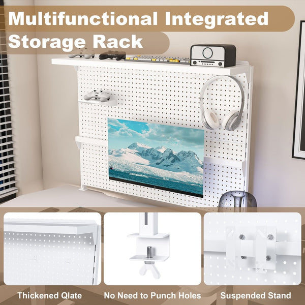 English Elm Clamp-on Steel Pegboard Desk Organizer with Monitor Arm Shelf and Movable Panel W2700P346783