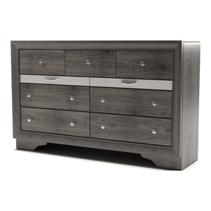 English Elm Gray Glam Dresser w Mirror Set — 63" Shiny Silver-Trim Jewelry Drawer, Dovetail Craft, Round Knobs B2741S00552