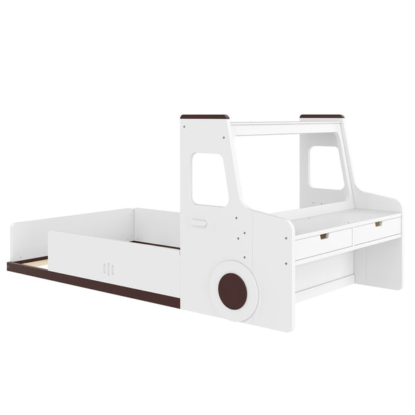 English Elm Twin Car Shaped Floor Bed with Storage Drawers and Built in Desk for Kids W1580P396323