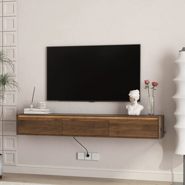 English Elm Floating TV Stand with Touch LED Strip, Built-In Power Hub & Ample Storage for Modern Living Rooms Wood 74.61 L x 17.52 W x 6.1 H W1321P389548