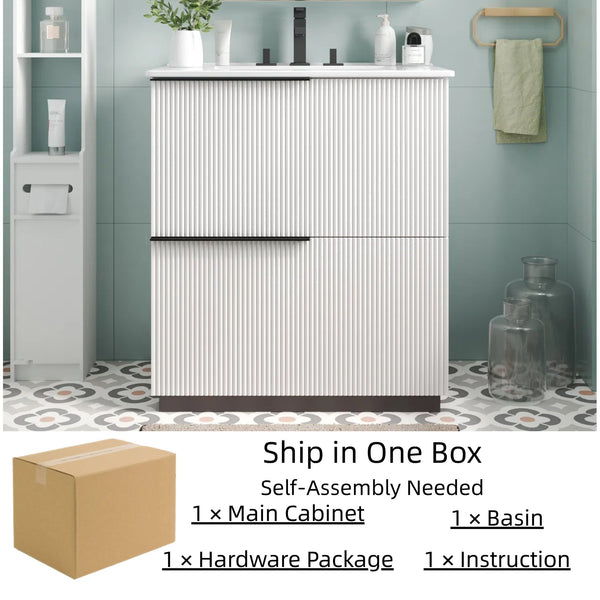 English Elm Christopher Knight Home® - 30" Elegant Bathroom Vanity With Fluted Design, Ceramic Sink, Full-Extension Drawers & Soft-Close Slides N817P295760W