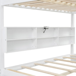 English Elm Queen Over Bunk Bed Solid Pine Cabin Frame with Storage and Usb Charging White GX000399AAK