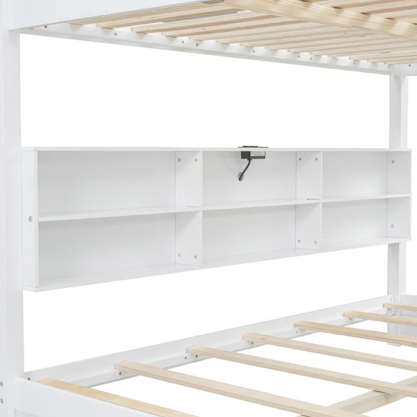 English Elm Queen Over Bunk Bed Solid Pine Cabin Frame with Storage and Usb Charging White GX000399AAK